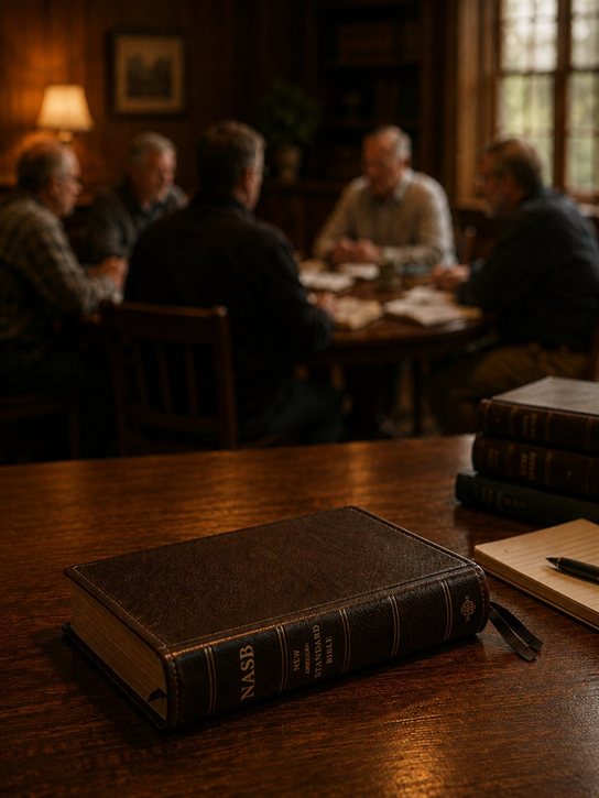A leather-bound Bible resting on a polished table in the foreground, with a group of men meeting around a table behind it, out of focus, in a wood-panelled room