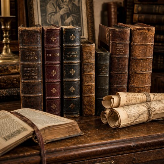 A row of worn leather-bound volumes standing upright on a dark wooden desk by candlelight — John Calvin's Institutes of the Christian Religion, a volume of Creeds, the Church Fathers, Bunyan's Works and The Imitation of Christ — with an open book lying in front of them and three tied manuscript scrolls beside them