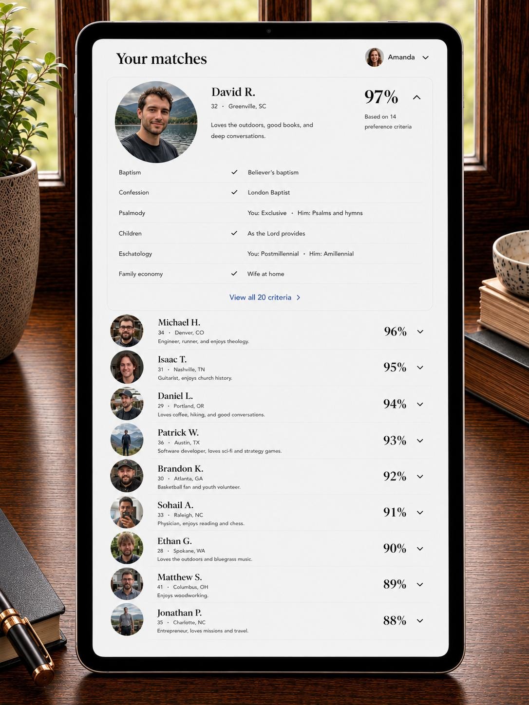 Concept preview: a matching screen on a tablet — a top match at 97%, with a table of preference criteria such as baptism, confession, psalmody, children and eschatology, above a ranked list of further profiles each with a percentage score.