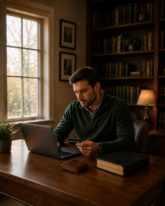 A man at a desk beside a bright window in a book-lined room, holding a bank card in one hand and reaching for an open laptop with the other