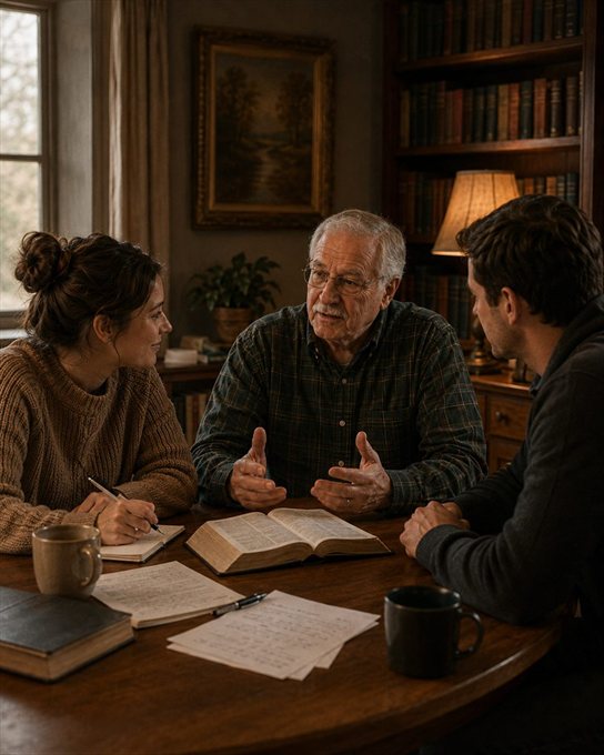 A woman, an older man and a younger man seated around a dining table in a lamplit, book-lined room, talking over an open Bible, handwritten notes and coffee mugs